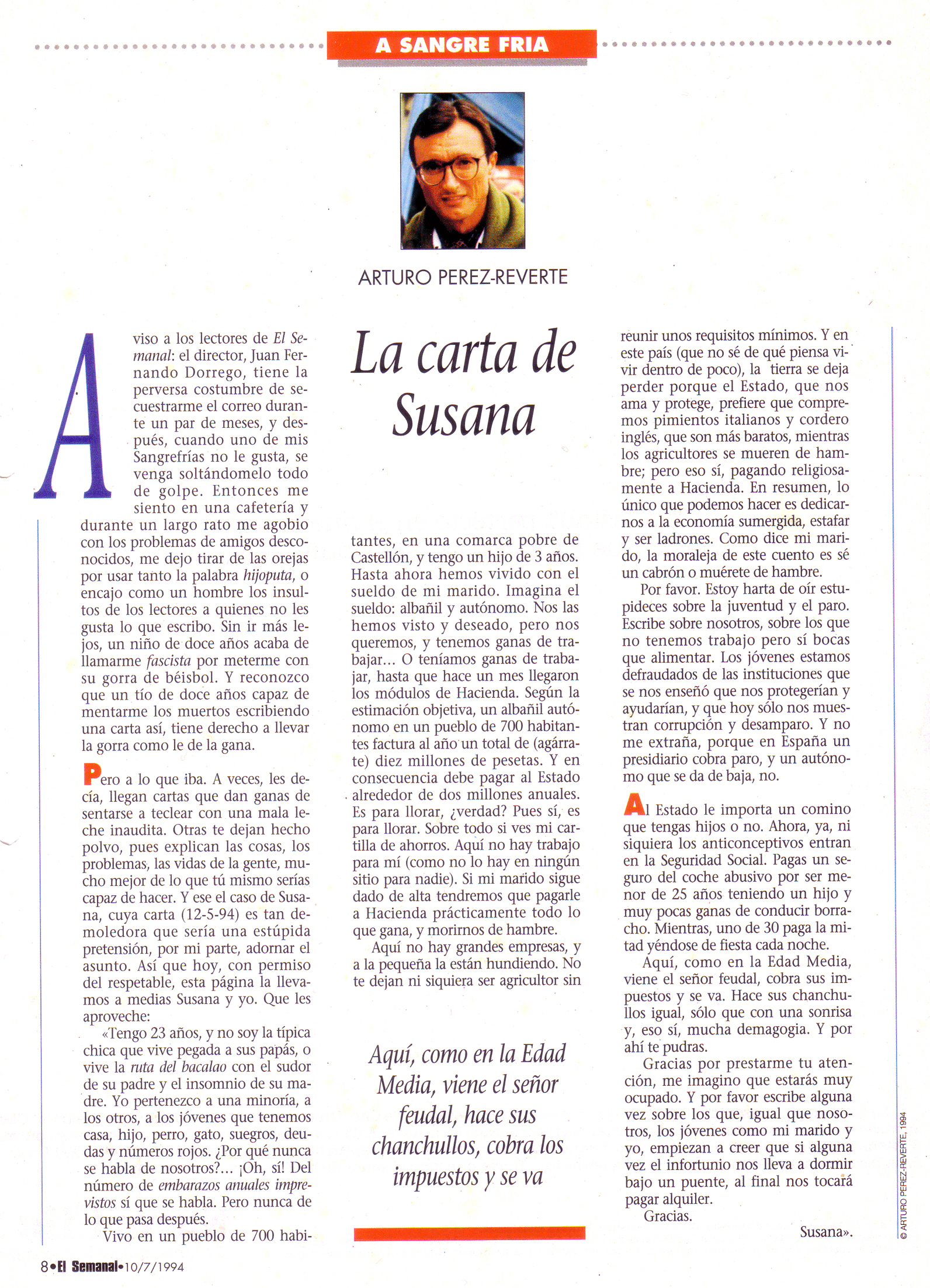 "La carta de Susana" El Semanal 10 de julio de 1994