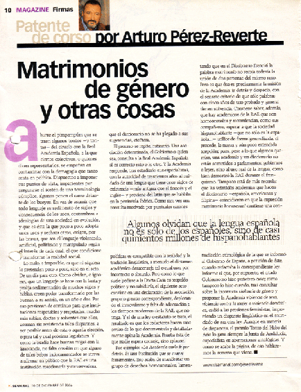 "Matrimonios de gnero y otras cosas" Patente de Corso 10 de Diciembre de 2006