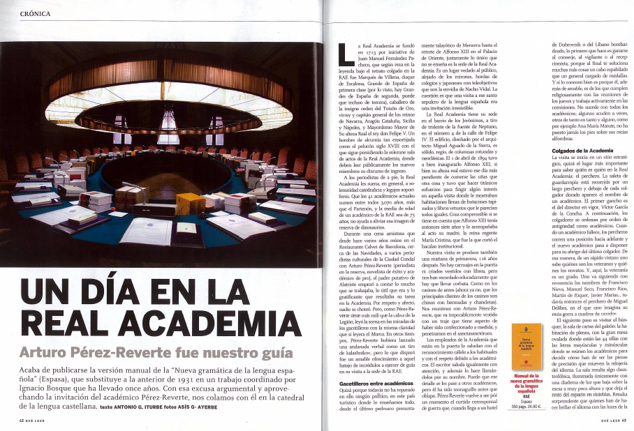 "Un día en la Real Academia" Revista Que Leer Junio 2010   (Fuente: FCV)